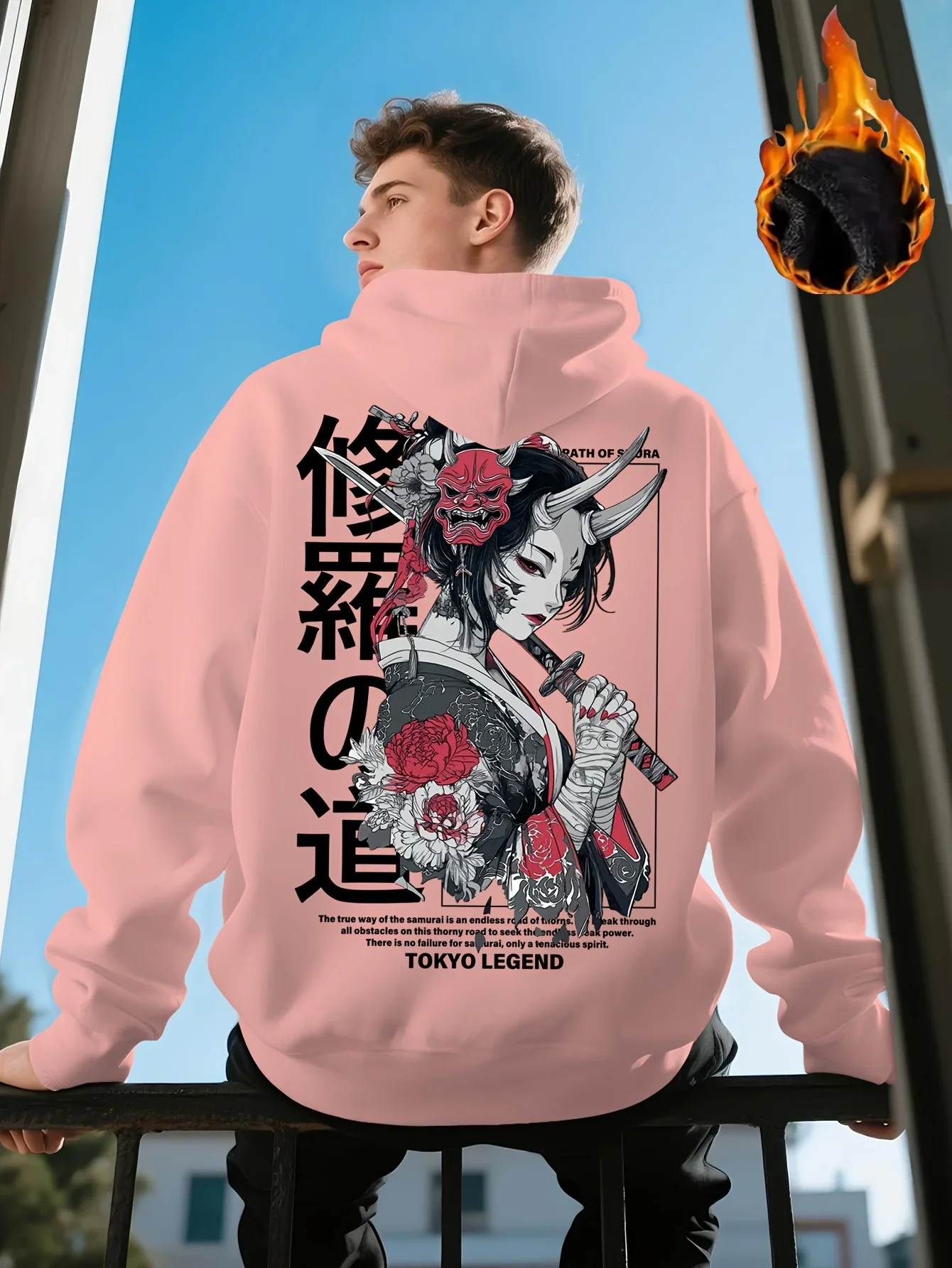 Samurai Girl Kanji Graphic Hoodie, Unisex, Back Print, Loose Long Sleeve Oriental Streetwear Casual Pullover Hooded Sweatshirt