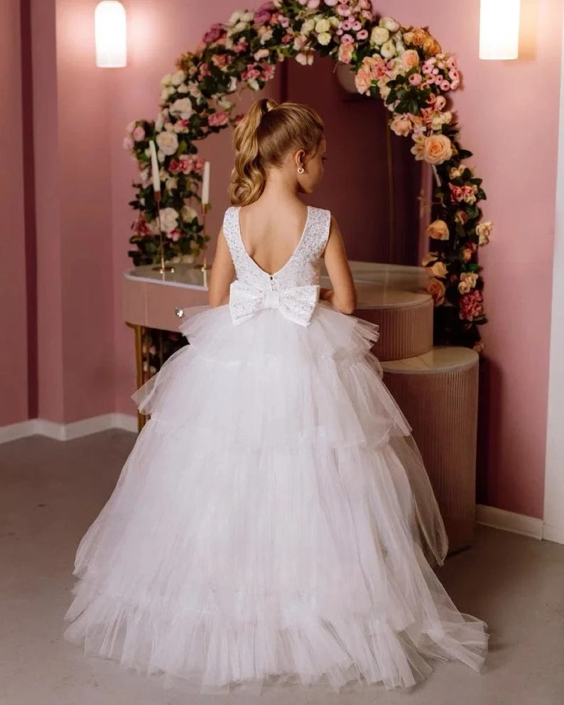 Flower Girl Dress Wedding Dress Girl Satin Tulle with Train Sparkle Kids Ivory Toddler Dress Princess Girls Party Ball Gown
