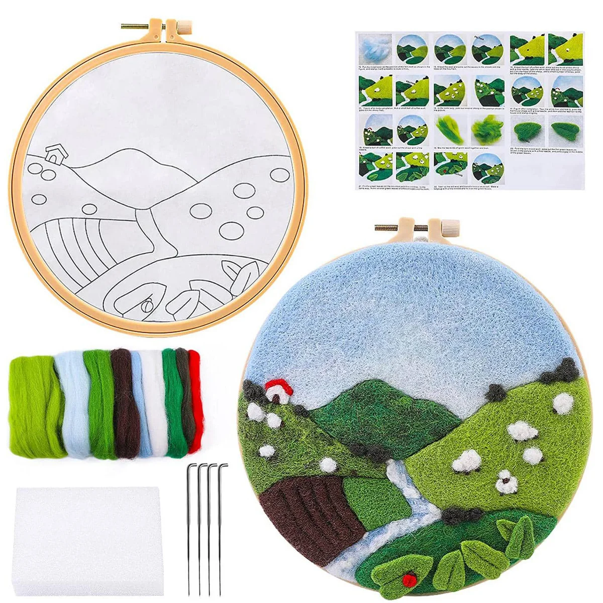 

RUOPOTY Felt Needle Wool Painting With Embroidery Frame Kit Farm Modern Diy Felt Crafts Package Wall Art Picture Unique Gift