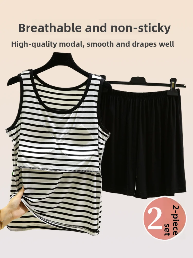 

Modal Striped Spwear Set Summer Thin Loose Women's Home Clothes Vest orts Bra-Free Comfortable Nightgown plus Size