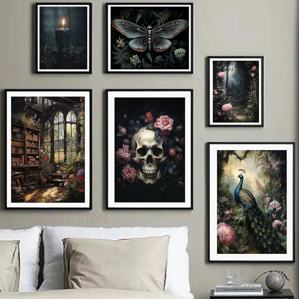 

Dark Cabin Gothic Skull Butterfly Canvas Print Surrealist Ancient Flora and Fauna Posters Painting Gallery Wall Art Home Decor