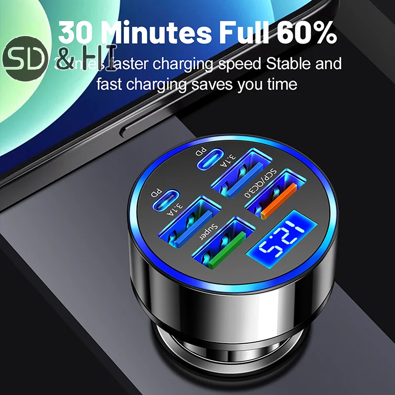 100W 6-Ports USB Type-C Car Charger With Voltage Display PD Fast Charging Power Adapter For Iphone Android Smart Phone Tablet