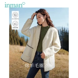 INMAN Women Woolen Jacket 2023 Winter Long Sleeve V Neck Loose Thick Coat Casual Commuting Warm Apricot Outwear Tops