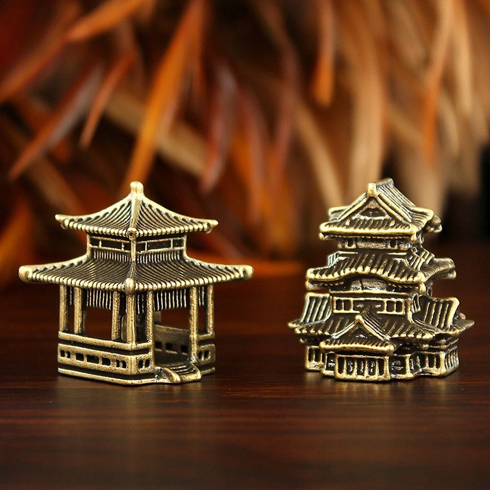 Brass Chinese Ancient Style House Pavilion Statue Micro Landscape Mini Ornament Garden Courtyard Home Decoration Accessories