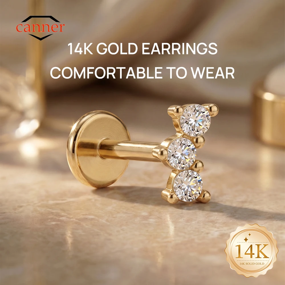 

CANNER 1PC G23 Titanium 14K Solid Gold Classic Three Round Claw CZ Piercing Flat Back Earring For Women Hypoallergenic Ear Bone