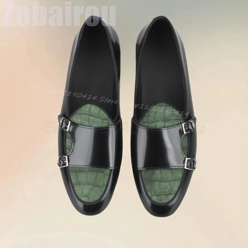 Green Alligator Print Buckle Decor Double Monk Loafers Fashion Slip On Men Shoes Luxury Handmade Party Office Men Casual Shoes