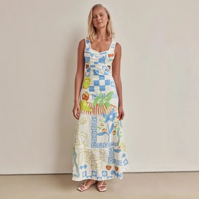 

2025 Summer New Vacation Style Women's Sexy White Bottom Printed Strap Dress Elegant Sleeveless Painted Long Dress