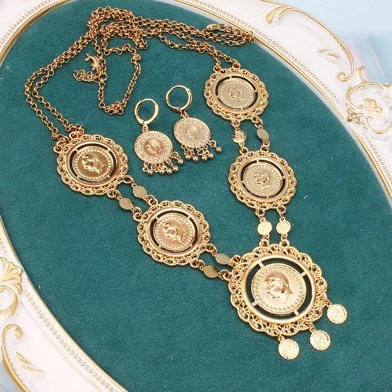 New Women\'s Jewelry Set Large Size Turkish Coin Pendant Muslim Islamic Necklace Women\'s Earrings Jewelry for Woman Earring