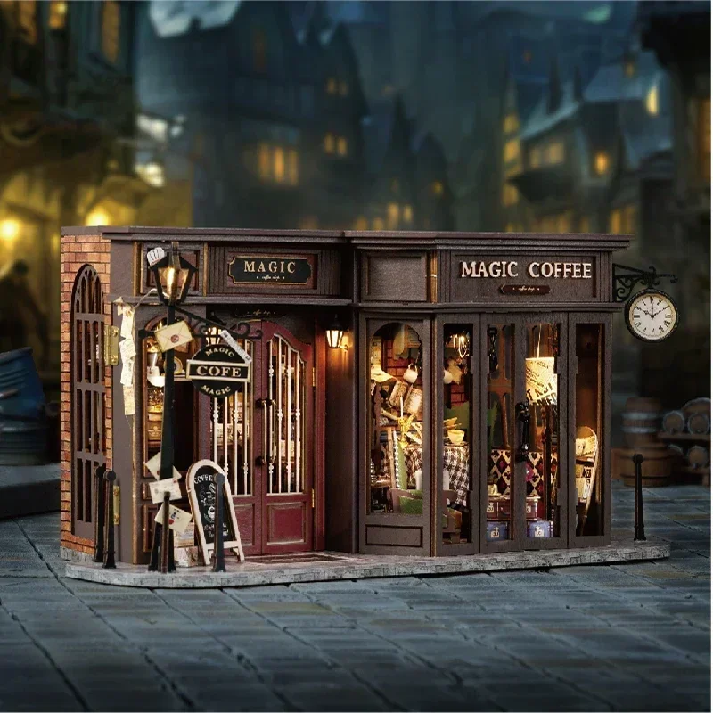 DIY Wooden Doll Houses Magic Coffee Shop Casa Miniature Building Kit Villa Dollhouse