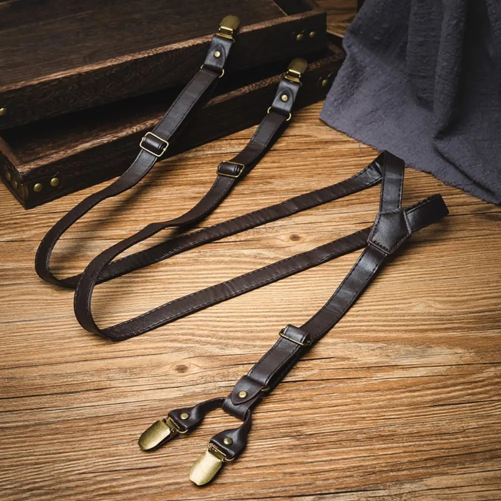 Simple Black Suspenders สําหรับชายสีน้ําตาลสไตล์อังกฤษหนัง Suspenders สปาเก็ตตี้ชุดอุปกรณ์เสริม Suspender คลิปผู้ชาย