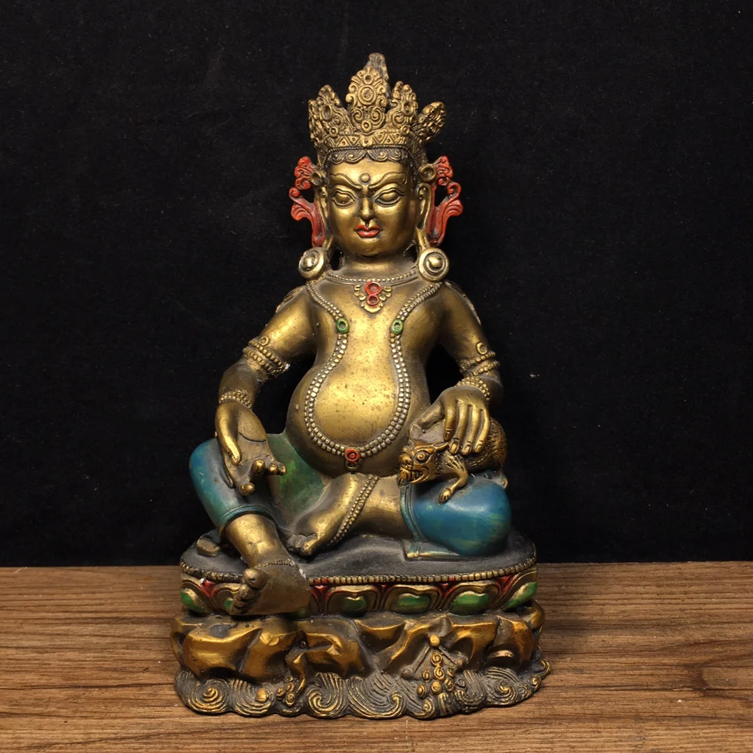 

18.5cm Pure Copper Painted Tibet Buddhism God of Wealth Statue Crafts