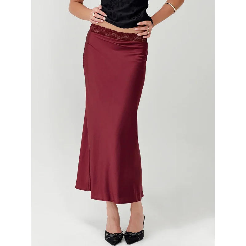 2025 DAMES kant-taille satijnen midi rok mode sexy elastische bodycon lange rok A002