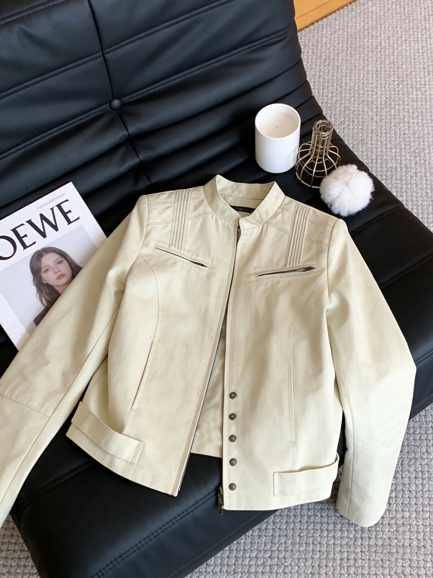 Retro Korean Style Short Casual Double Zipper Apricot Women's Jacket Spring Basic Versatile Open Cardigan Coat Commute Style