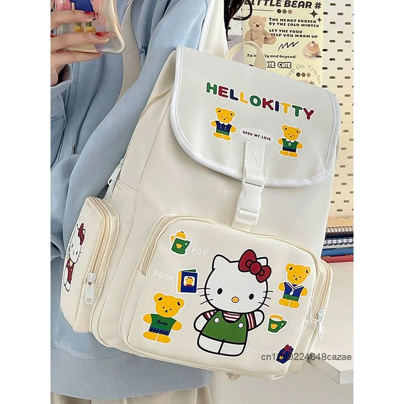 Sanrio Hello Kitty Cute Print Korean Version Backpack Retro Red Large Capacity Shoulders Bag Y2k Sweet Girl Student School Bag