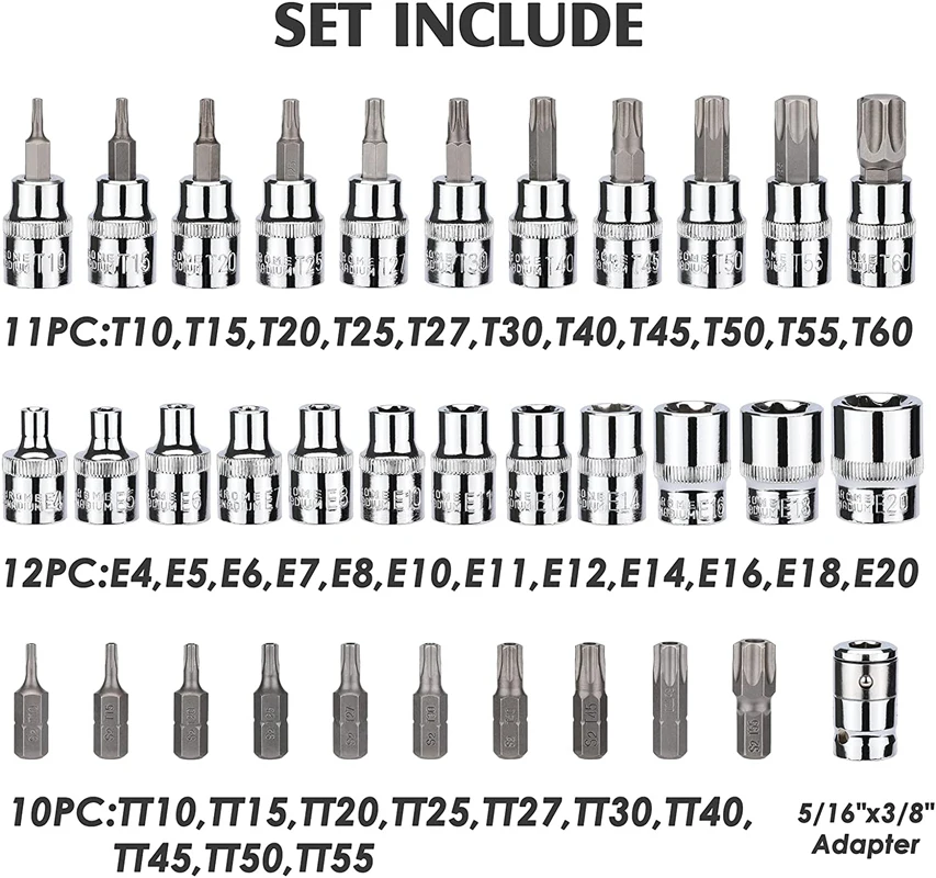 34/29 Pieces Torx Bit Socket and E-Torx Star Socket Set 1/4\