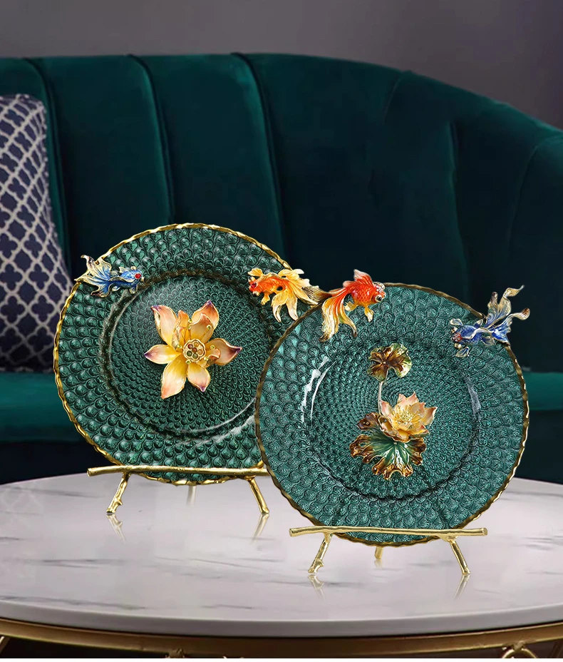 &c Creative Hand Drawn Lotus Flower Decorative Dishes Desktop Handicrafts Enamel Glass Art Plate Ornaments for Luxury Home Decor