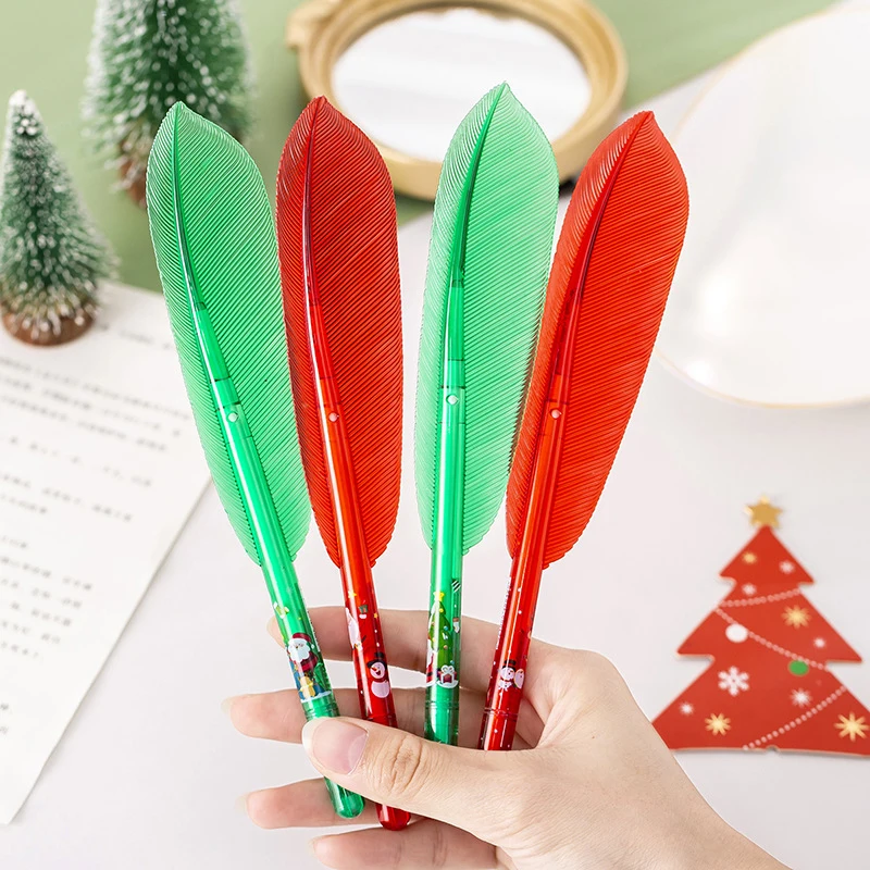 Creative Feather Shaped Christmas Neutral ปากกาการ์ตูน Santa Claus นักเรียนเครื่องเขียนอุปกรณ์สํานักงานโรงเรียน Neutral ปากกาของขวัญ