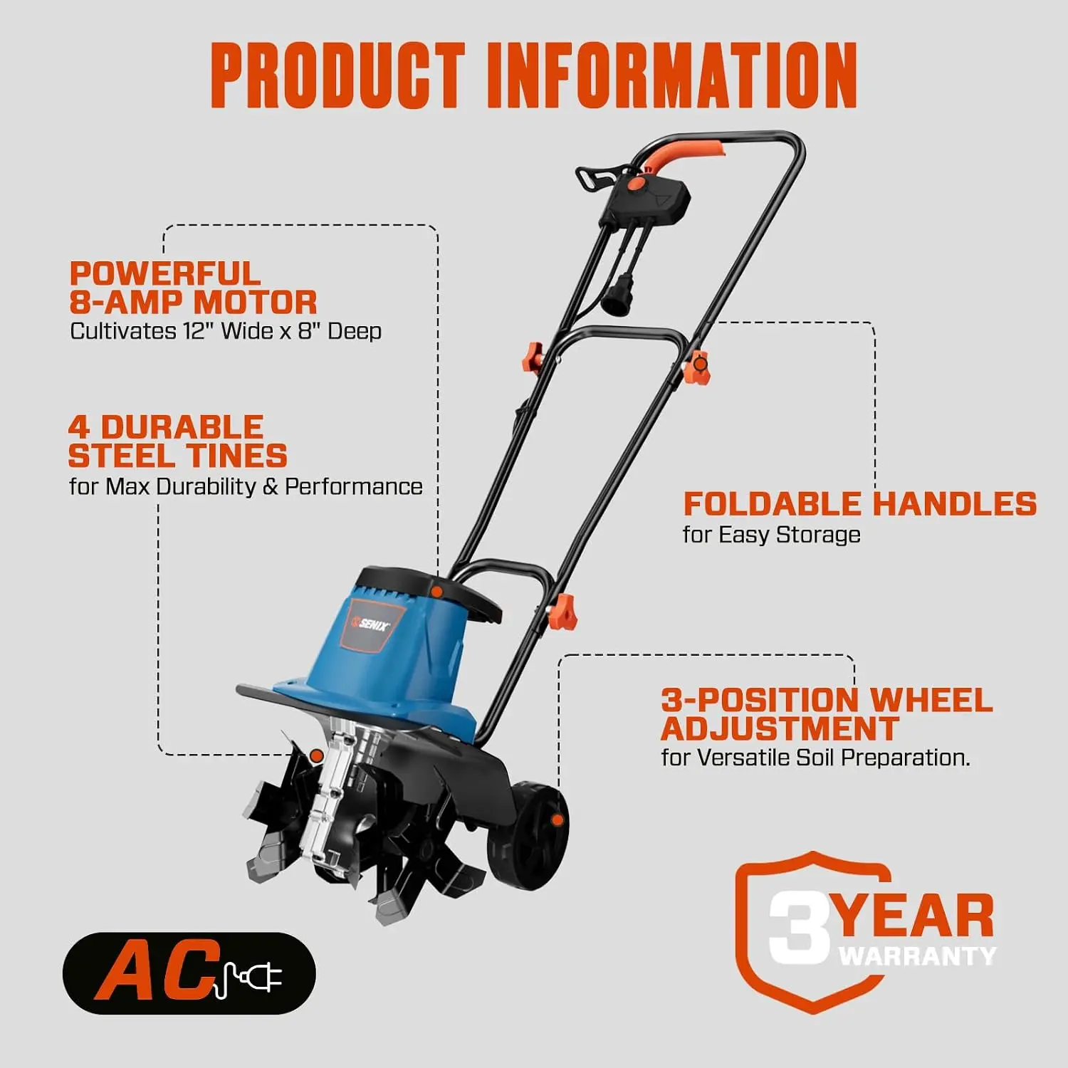 Heavy-Duty Corded Electric Garden Tiller & Cultivator, 8 Amp, Steel Tines, 12-Inch and 8-Inch Tilling Widths, 3-Position Wheel Adjustment, Lawn Yard & Grass Gardening Machine Equipment