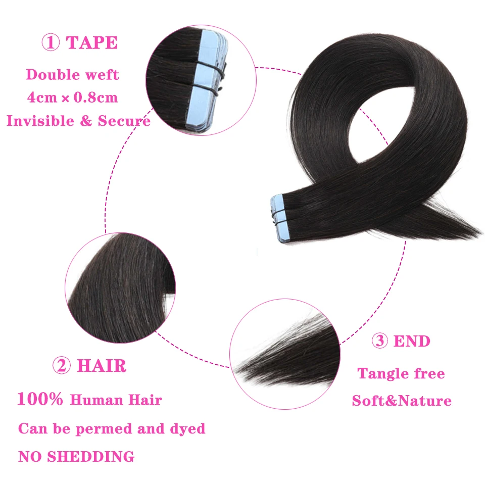 Straight Tape In Human Hair Extensions Black Women 100% Real Remy Human Hair Skin Weft Adhesive Glue On For Salon High Quality