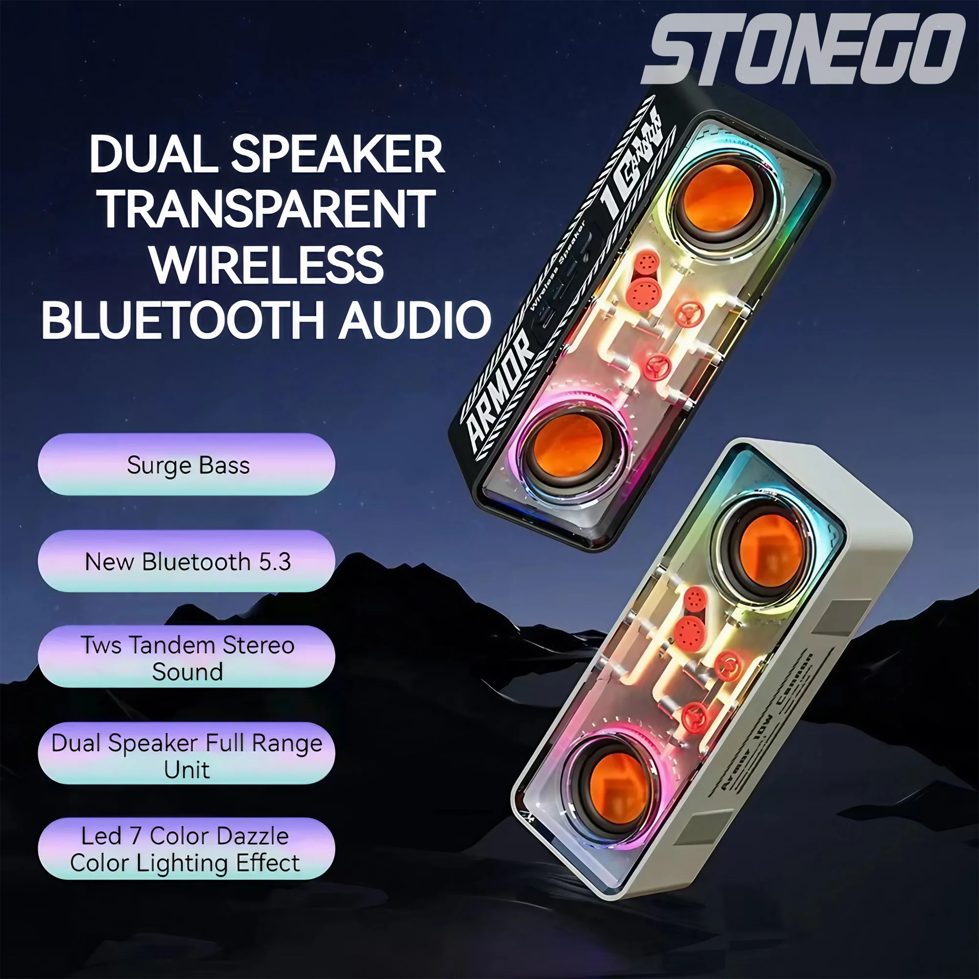 Punk Style Dual Speaker, Transparent Mechanical Wireless Bluetooth Speaker, LED TWS Bass Radiator