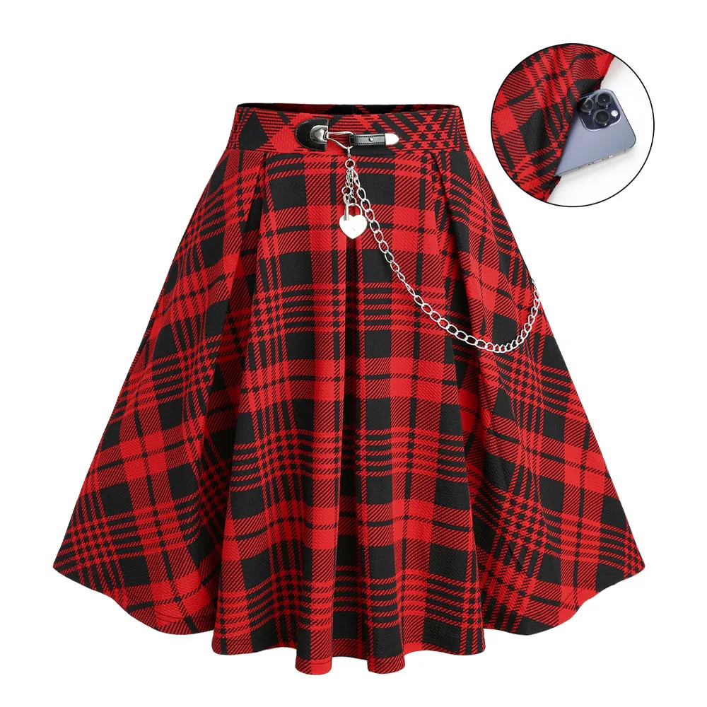 

ROSEGAL повседневные юбки для девочек, красная клетчатая юбка с принтом в виде сердца и цепочкой, карман с высокой талией, юбка трапециевидной формы для фигуристка, тенниса, болельщика