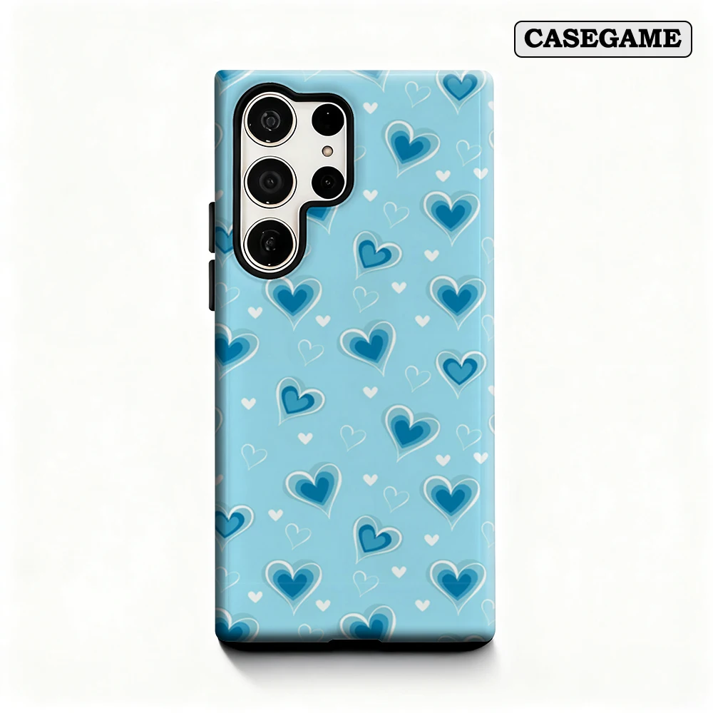 Blue Heart Pattern Phone Case for Samsung Galaxy S25 Ultra S24 S23 Ultra Plus Shockproof Double Layer Back Cover