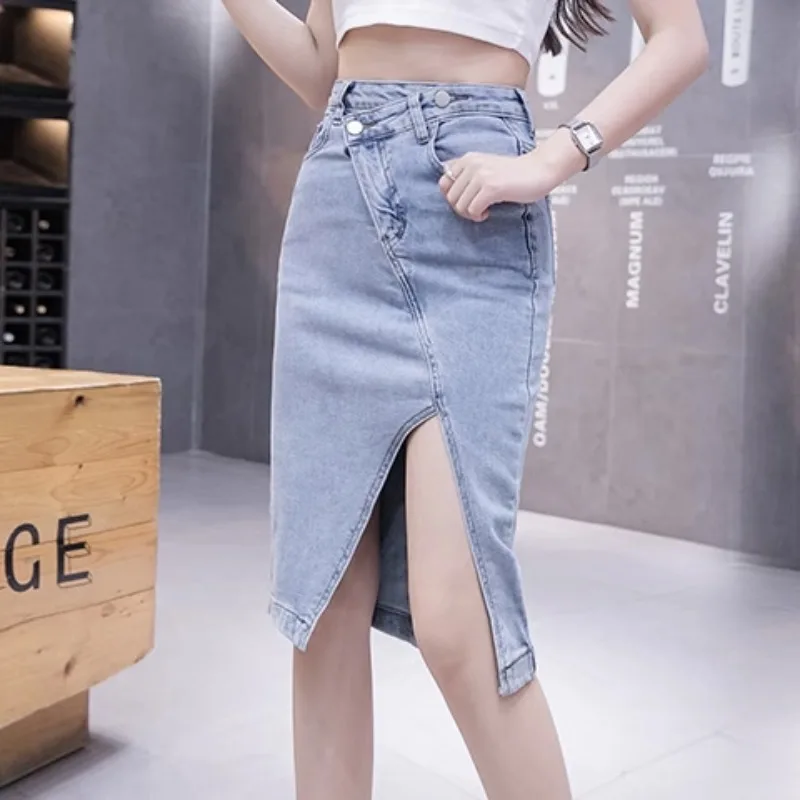 Female Jeans Skirts with Slit Women's Denim Skirt Midi Patchwork Clothing Trend 2024 Korean Fashion Summer Style Aesthetic Sales