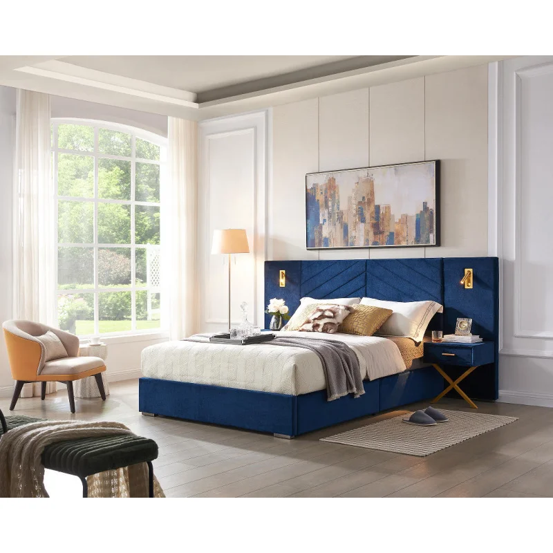 

Современный регулируемый каркас кровати с бархатной обивкой размера «queen-size», изголовьем с вертикальным каналом и каркасом из тикового дерева