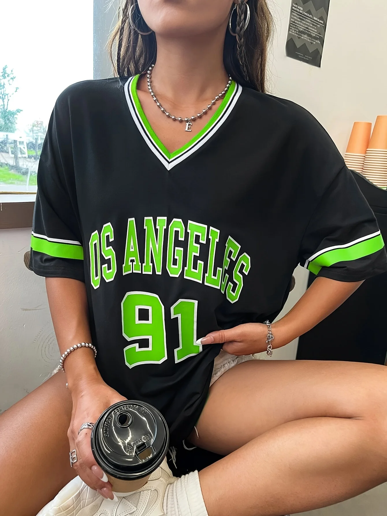 Women's Large Printed T-shirt Los Angeles 91 Letter Short Sleeve V-neck Loose Street Wear Sports Jersey Spring/Summer Tshirt Top image 3