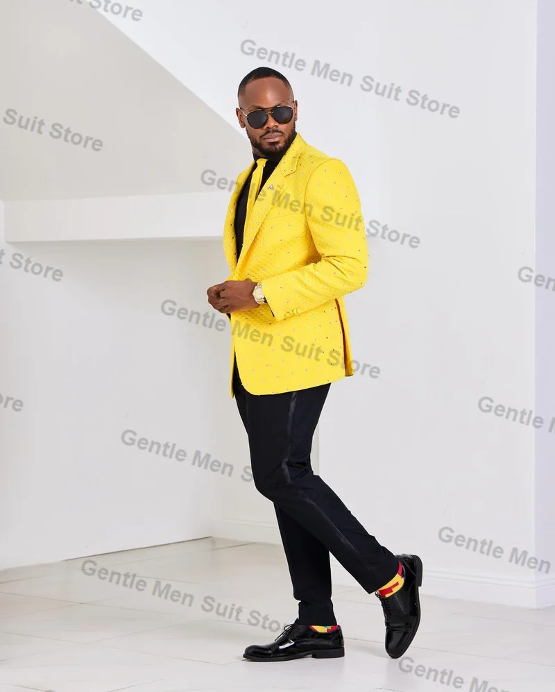 Crystals Yellow Office Men Suits Set 2 Piece Blazer+Black Pants Trousers Groom Wedding Tuxedo Custom Made Prom Jacket Dress Coat