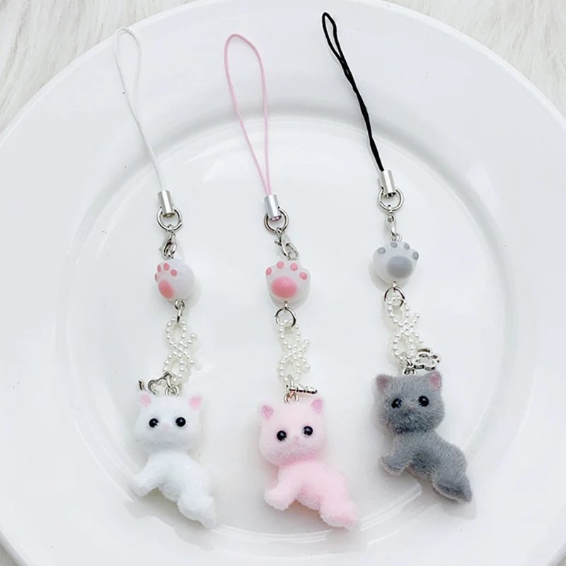 Y2K Cartoon Flocking Cat Mobile Phone Lanyard Cute Cat Phone Chain Keychain Pendant Cell Phone Strap Earphone Camera Chain