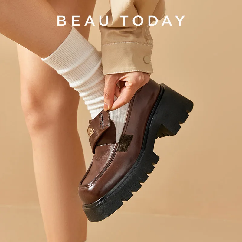 BEAUTODAY Moccasin Loafers Women Genuine Leather Flats Removable Design Thick Sole Square Toe Penny Shoes Handmade 26620