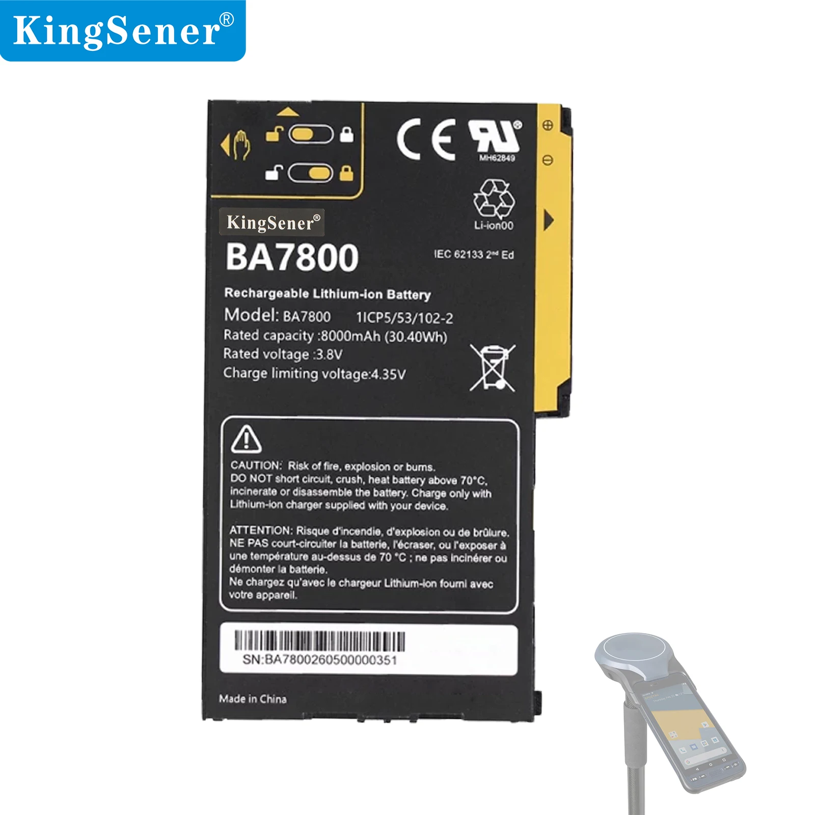 KingSener Battery BA7800 8000mAh 30.40Wh 3.8V Battery for Jisibao UT10 A8 Beidou Handheld GPS Batteries