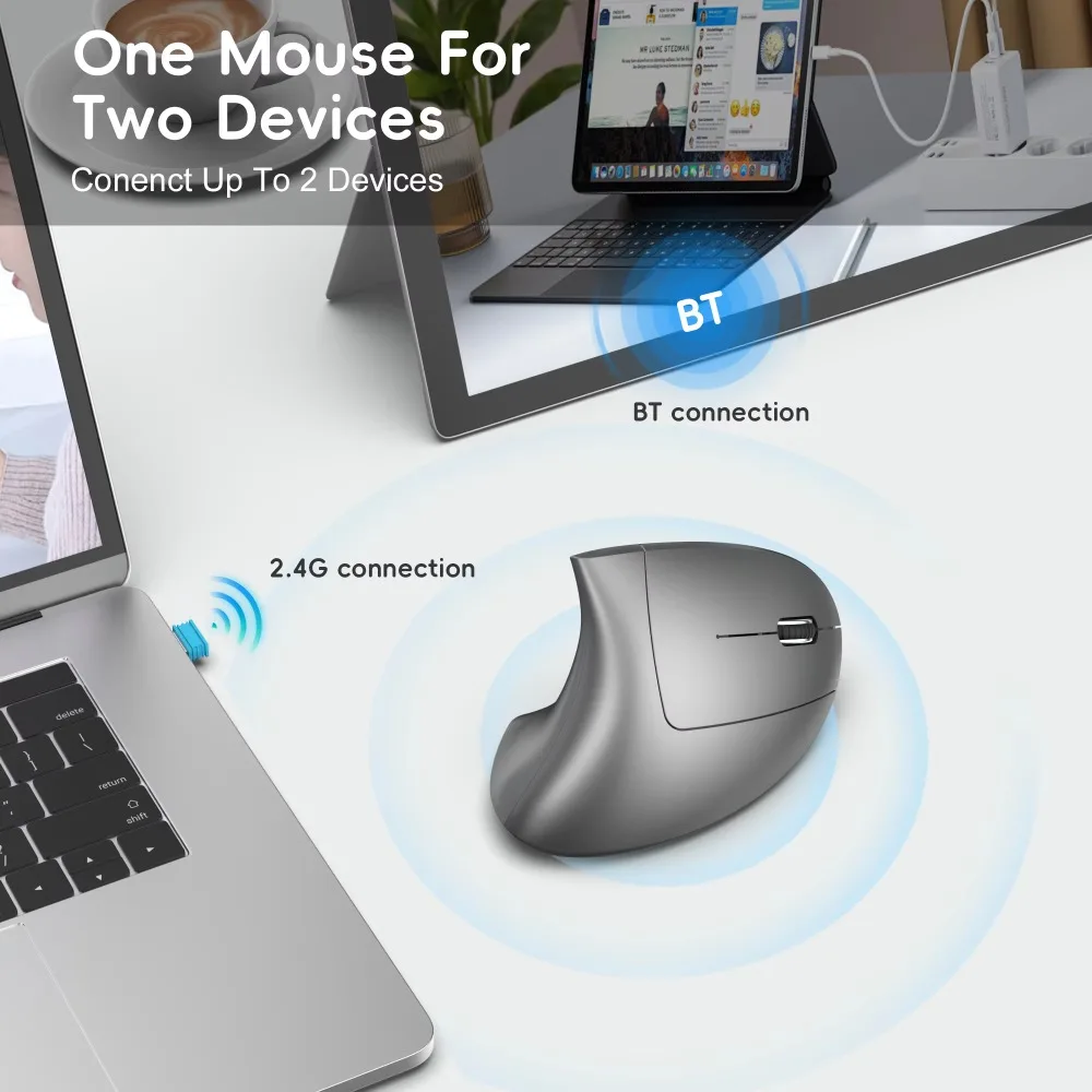 2.4G BT5.1 Dual Mode Wireless Vertical Mouse Silent Ergonomic 6D 2400DPI 7Color Light Prevent Carpal Tunnel for Office Mac PC