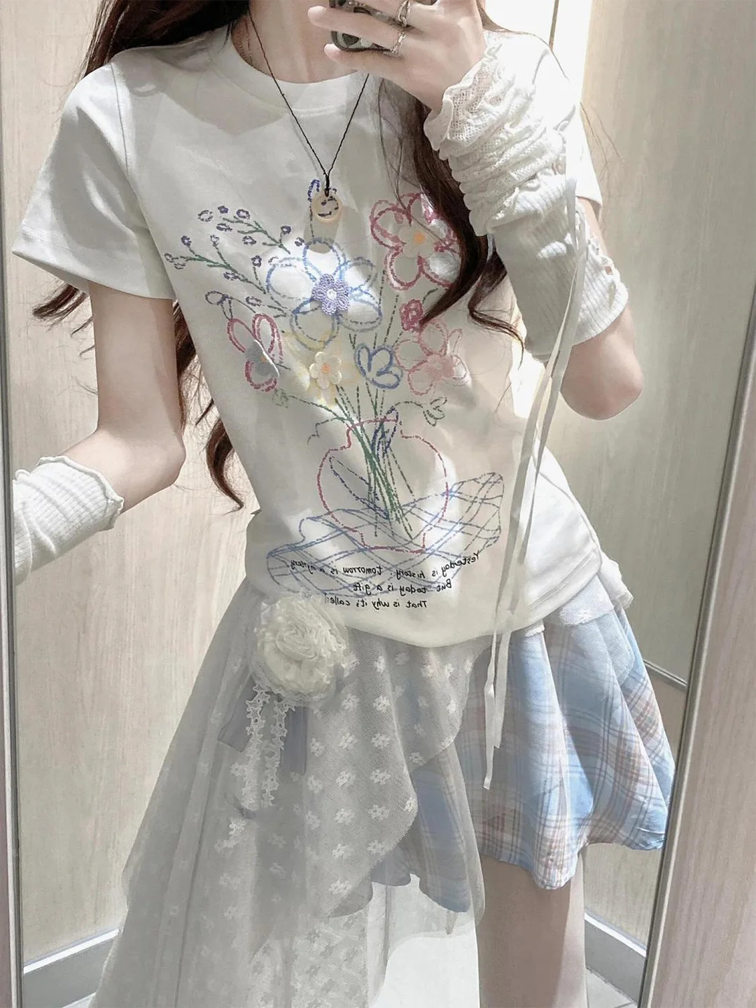 Sweet Cute Girls Asymmetric Plaid Lace Mini Skirt for Women Y2K Fairycore Irregular Mesh Layered Skirt Harajuku Grunge Aesthetic