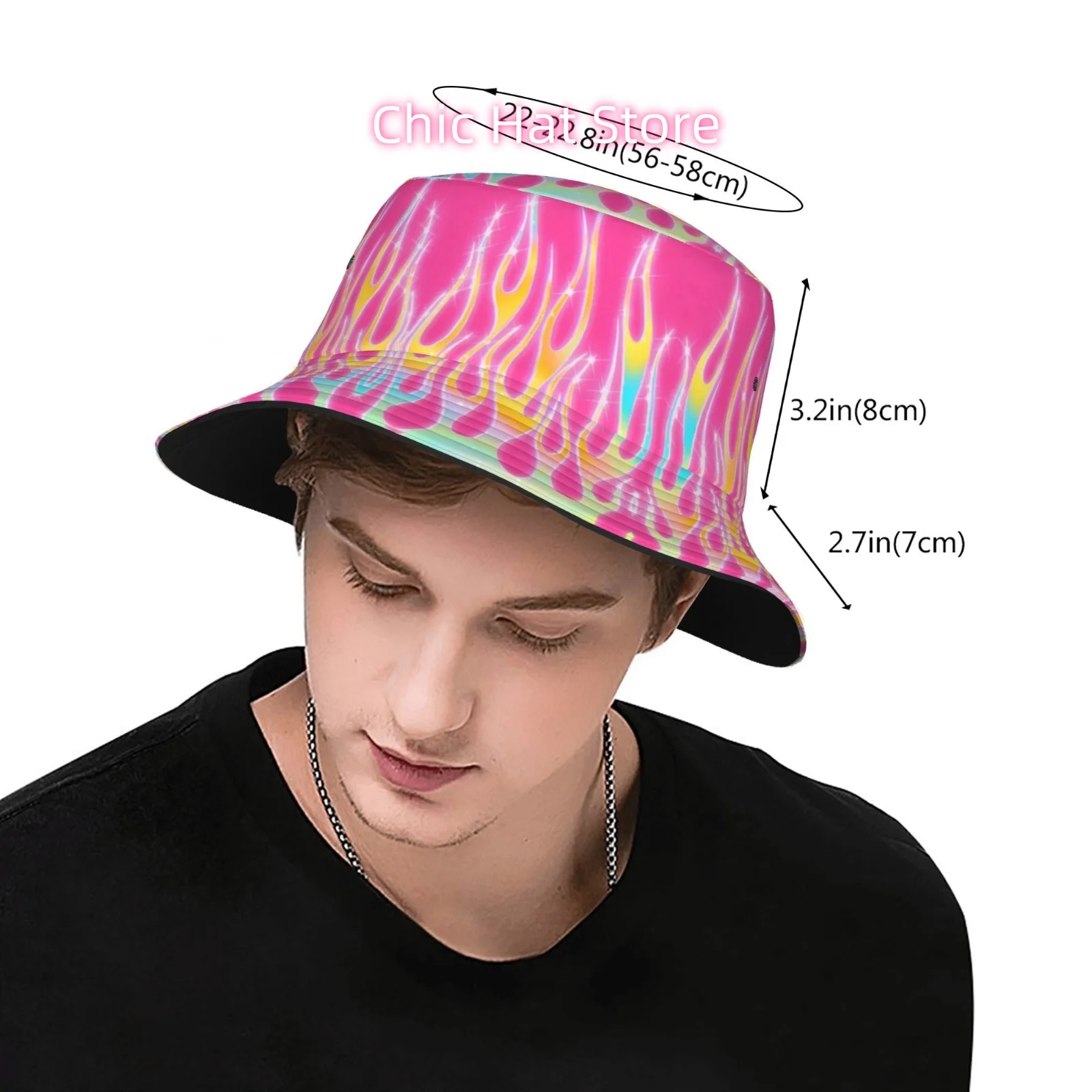 This One-Piece Pink Rainbow Flame Patterned Bucket Hat Is a Stylish Unisex Outdoor Sun Hat, Ideal for Beach Outings And Makes a