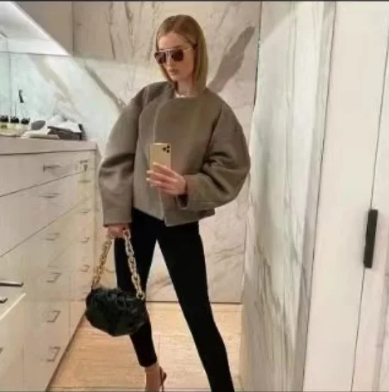 

Women's Long Sleeve Warm Spring Autumn Cardigan Fashion Solid Thicken Cropped Jacket Top Female Casual Loose Woolen Streetwear