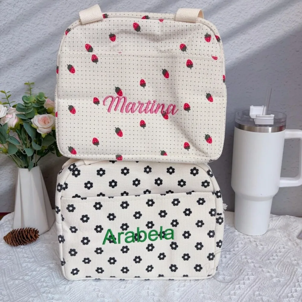 Personalized Lunch Bag, Embroidered Name Corduroy Lunchbox, Strawberry Check Flower Food Insulated Carry Bag, for Student/Women