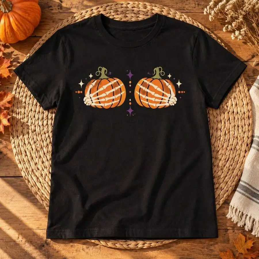 Funny Pumpkin Boobies Skeleton Hands Print Tee For Women, Halloween Thanksgiving Crew Neck Short Sleeve Casual T-Shirt