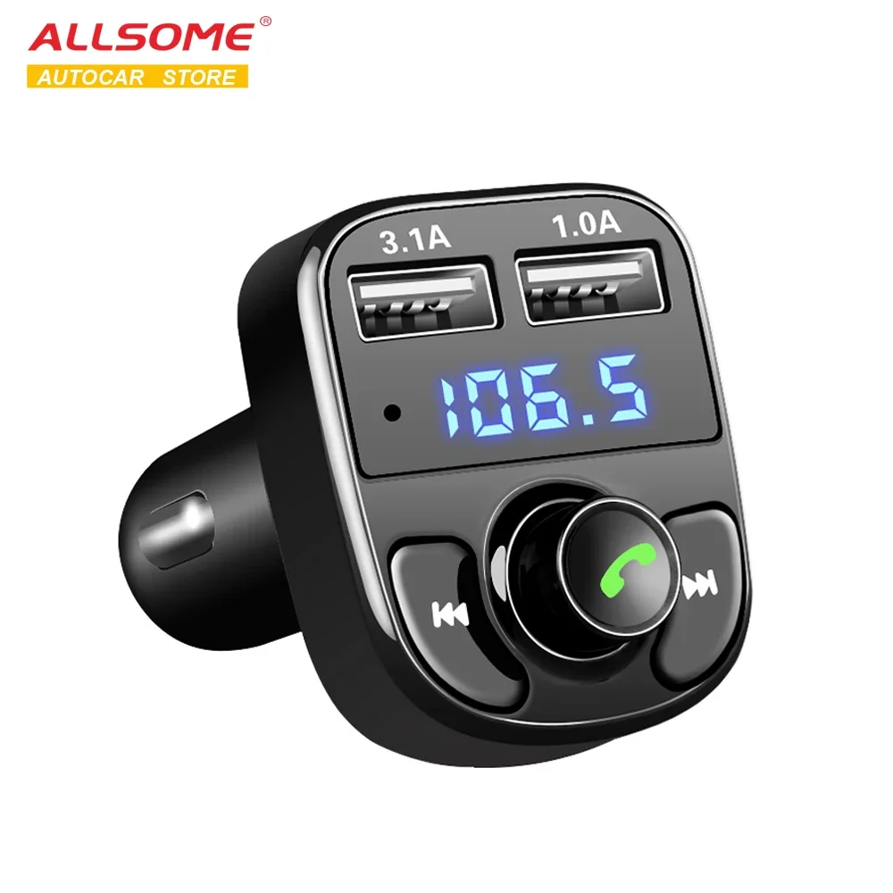 

ALLSOME FM Transmitter Aux Modulator Bluetooth Handsfree Car Kit Car Audio MP3 Player 3.1A Quick Charge Dual USB Car Charger