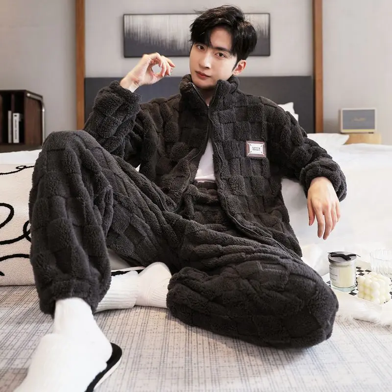 Zipper Pajamas for Men Fleece Winter Sleepwear Korean Sleeping Night Wear Solid Pijama 2 Pcs Pants Sets Warm Home Suit 2024 New