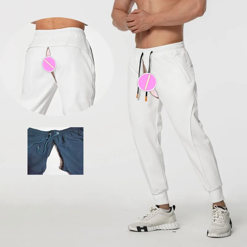 Calça exterior de virilha aberta invisível masculina, corredores magros, calças de treino, ginástica correndo, moletom de fundo atlético com bolsos profundos