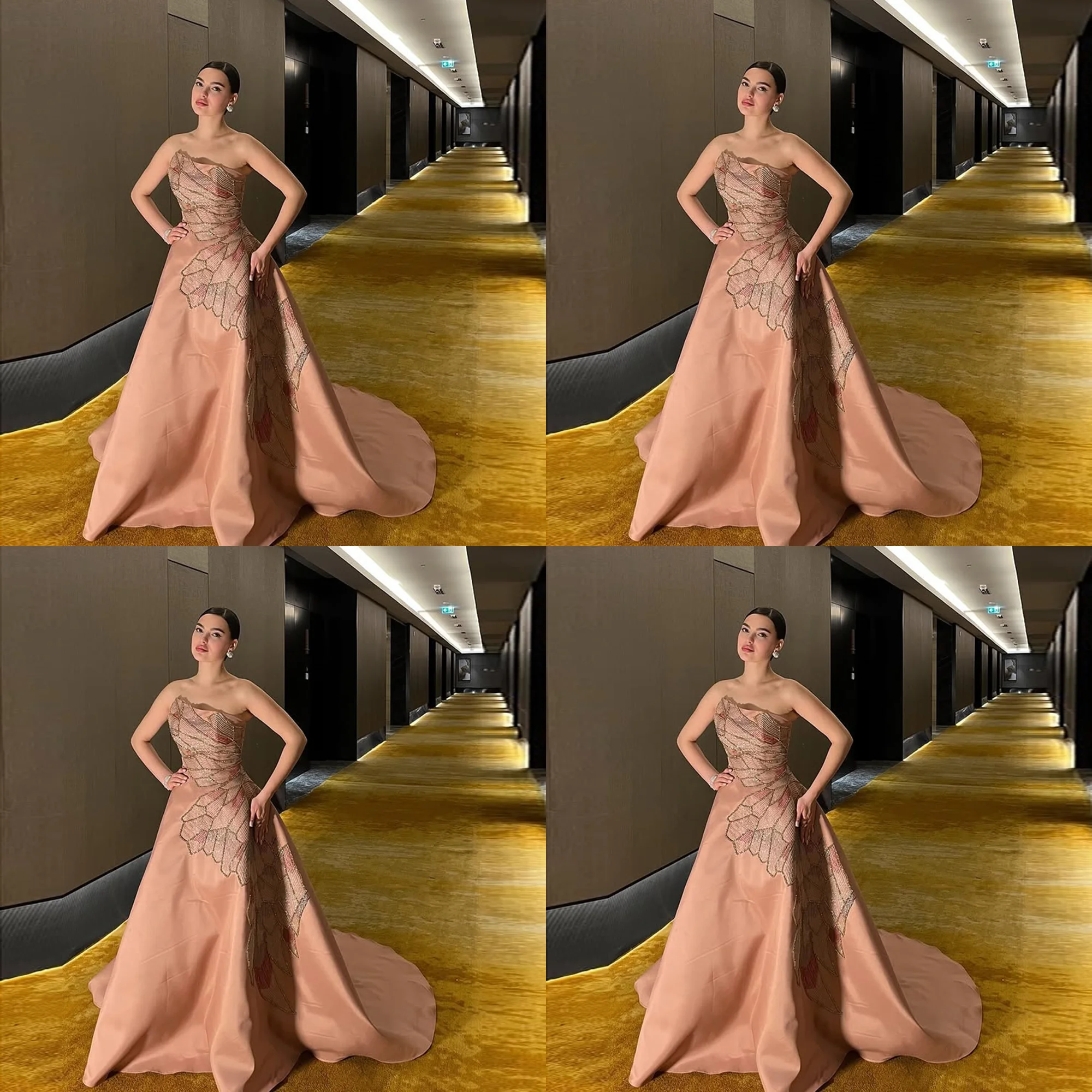 

vestidos de fiesta Sleeveless Satin Seqins Lace Shiny Evening Dress A-line Backless Long Bridal Gown with Court Custom Made