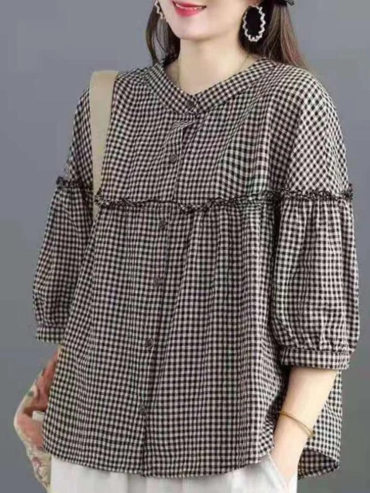

Ele Summer irt for Middle-Aged Mothers Cotton Linen Plaid Doll Svel Top Ladylike Commute Sle round Ne Button ...