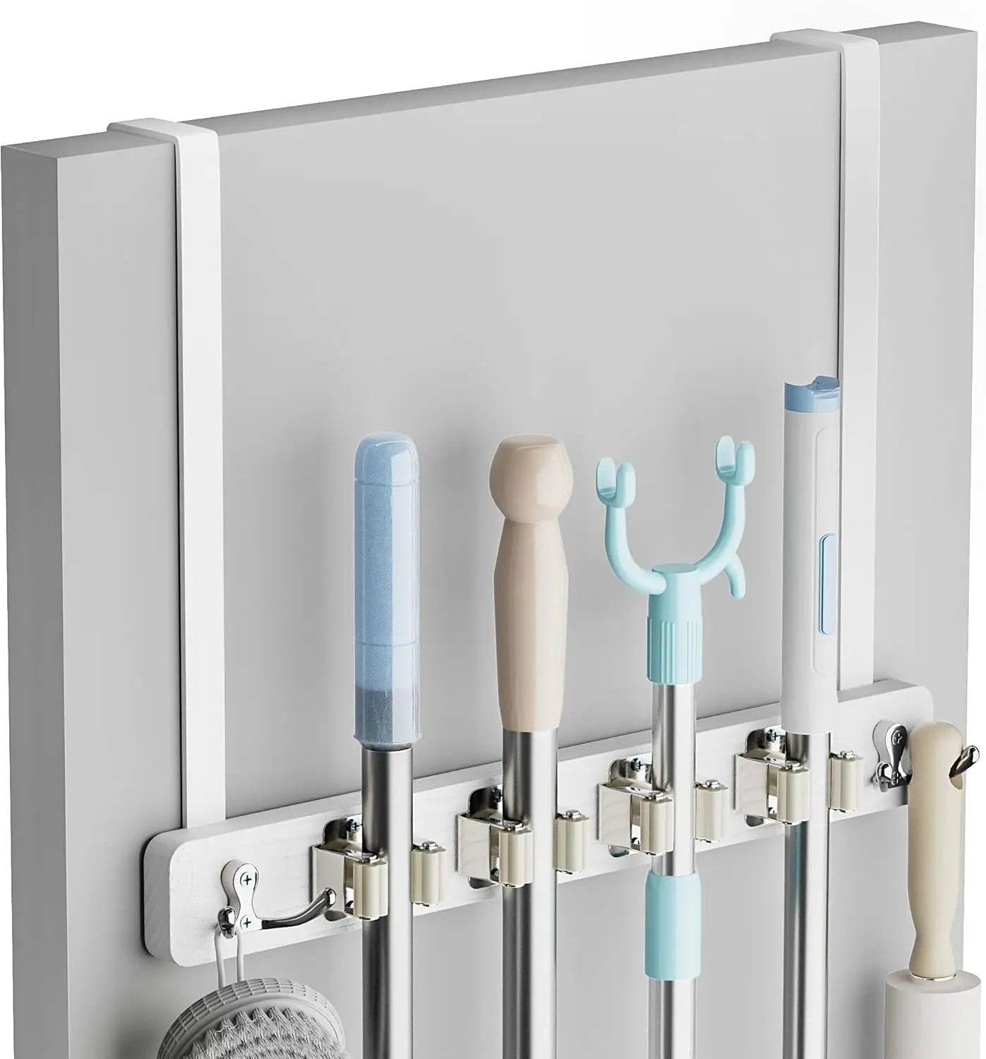 

Over Door Broom Holder with 4 Slots & Hooks, No Drill Installation for Laundry, Garage, Kitchen Organizer