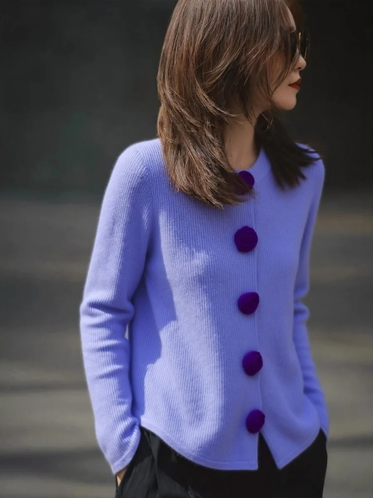 

Весенне-осенняя новая женская трикотажная рубашка, светло-фиолетовый модный облегающий топ с круглым вырезом и длинными рукавами для поездок на работу