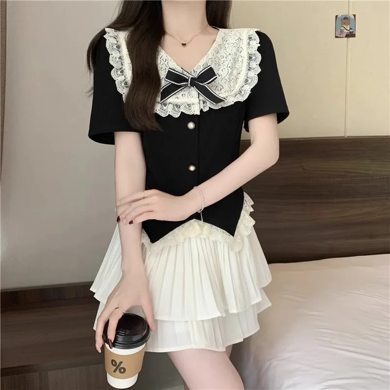 Large size cute girl princess set, summer doll neck lace patchwork short top+layered pleated skirt two-piece set