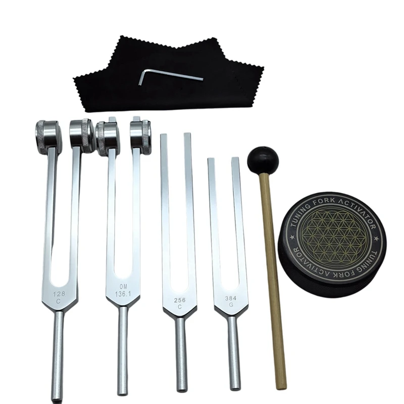 Tuning Forks For Healing Set 128Hz, 136Hz, 256Hz, 384Hz & Hockey Puck Activator For Healing,Sound Therapy,Keep Body