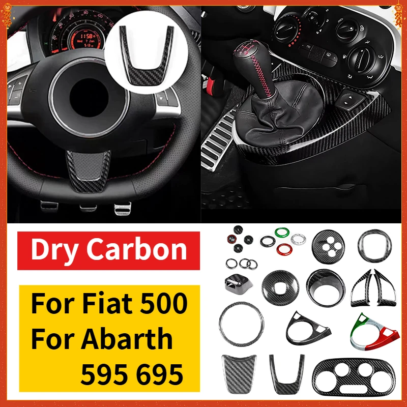 

For Fiat 500 For Abarth 595 695 Real Dry Carbon Fiber Cover steering wheel ring AC center control panel Modification Accessories