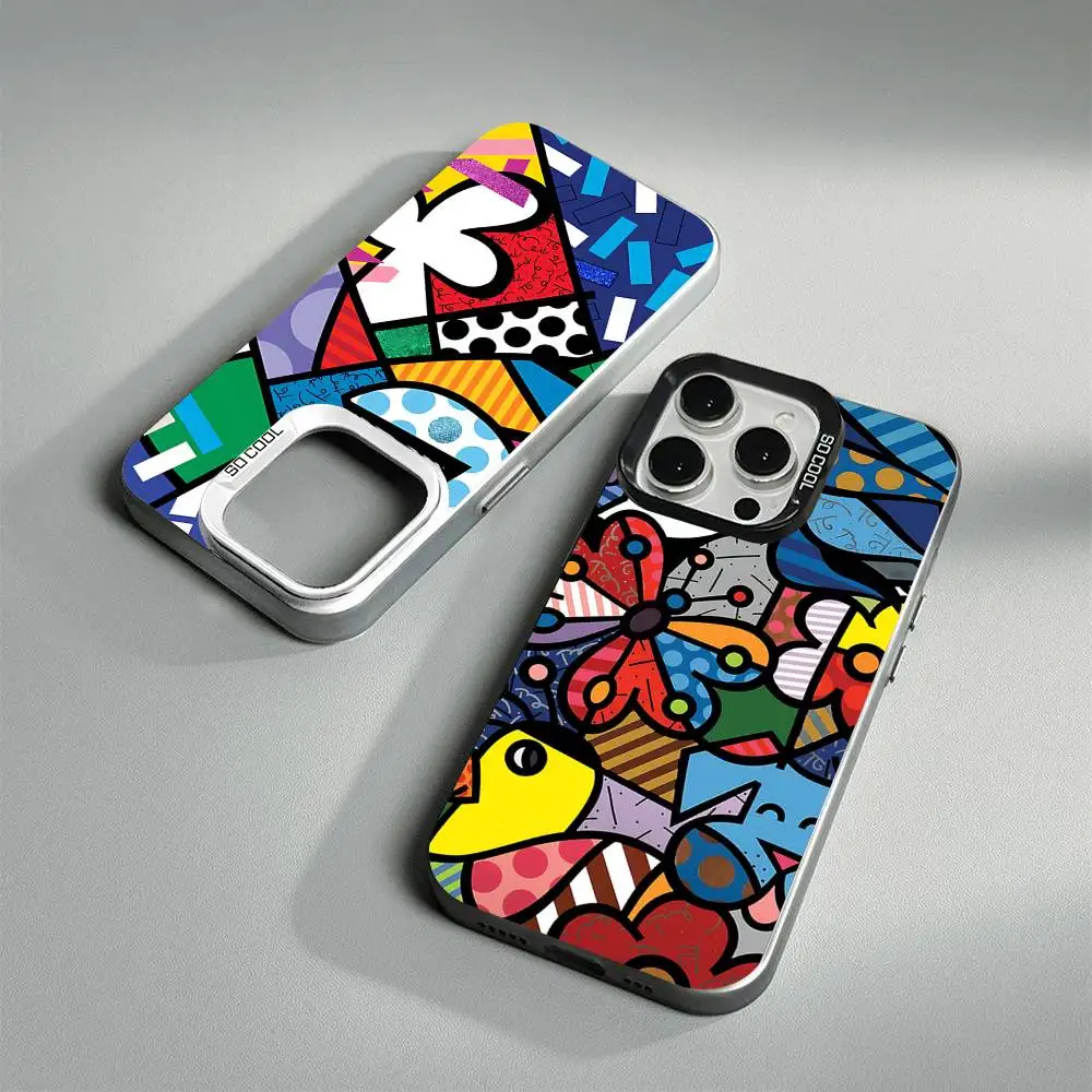 Capa de Telefone Art R-Romero Britto para iPhone 16 15 14 13 12 11 17 Pro MAX Plus Pro, Capa Matte à Prova de Choque